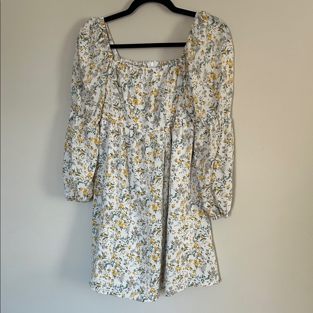 Exlura Floral Long Puff Sleeve Dress in White and Yellow